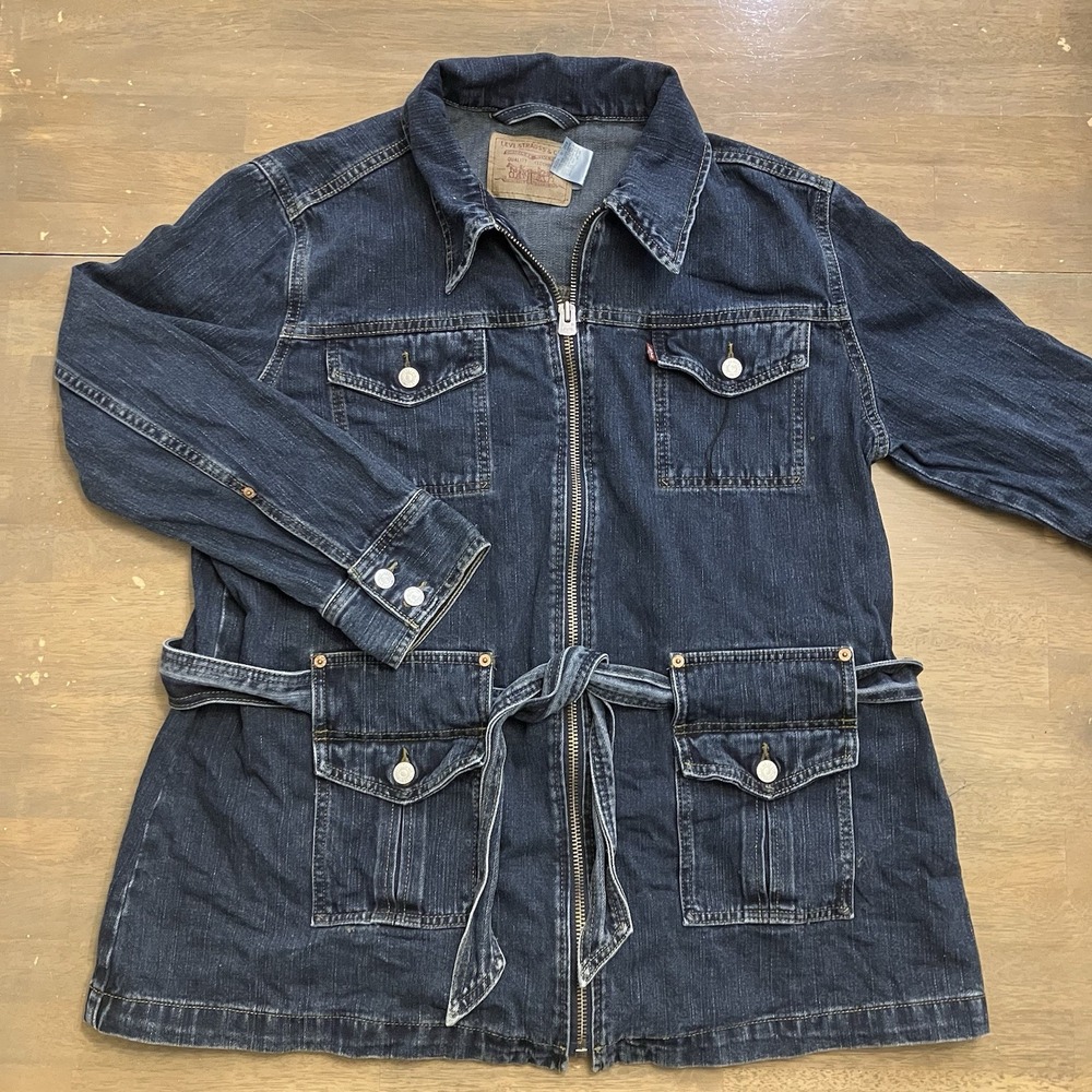 Levis Denim Jacket Womens 2X Bush Belted Trucker Chore Blue Full‎ Zip Vintage